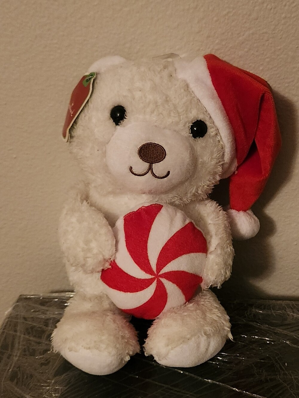 Hallmark White Plush Bear with Red Santa Hat and Peppermint Pillow